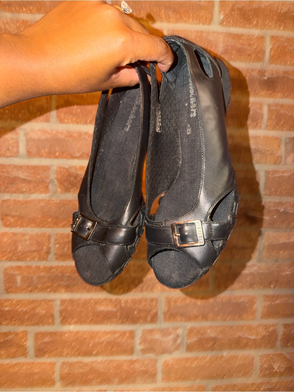 Skechers Black Open-Toe Buckle Flats
